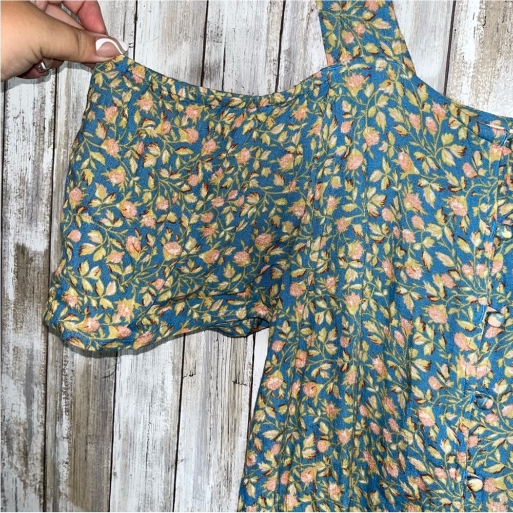 Billabong Blue Floral Open Off The Shoulder Button Blouse - Picture 3 of 5
